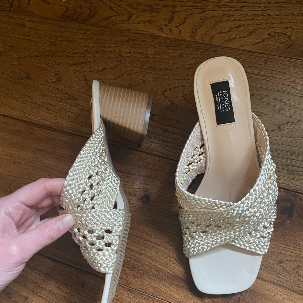 Jones crochet sandal with wooden block heel.